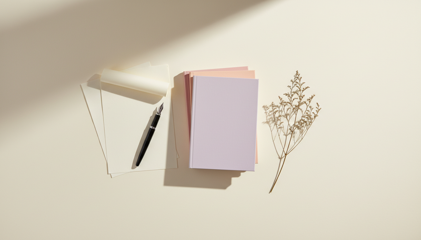 Publishing a poetry book — slim pastel chapbooks, loose pages, a fountain pen, and dried wildflowers