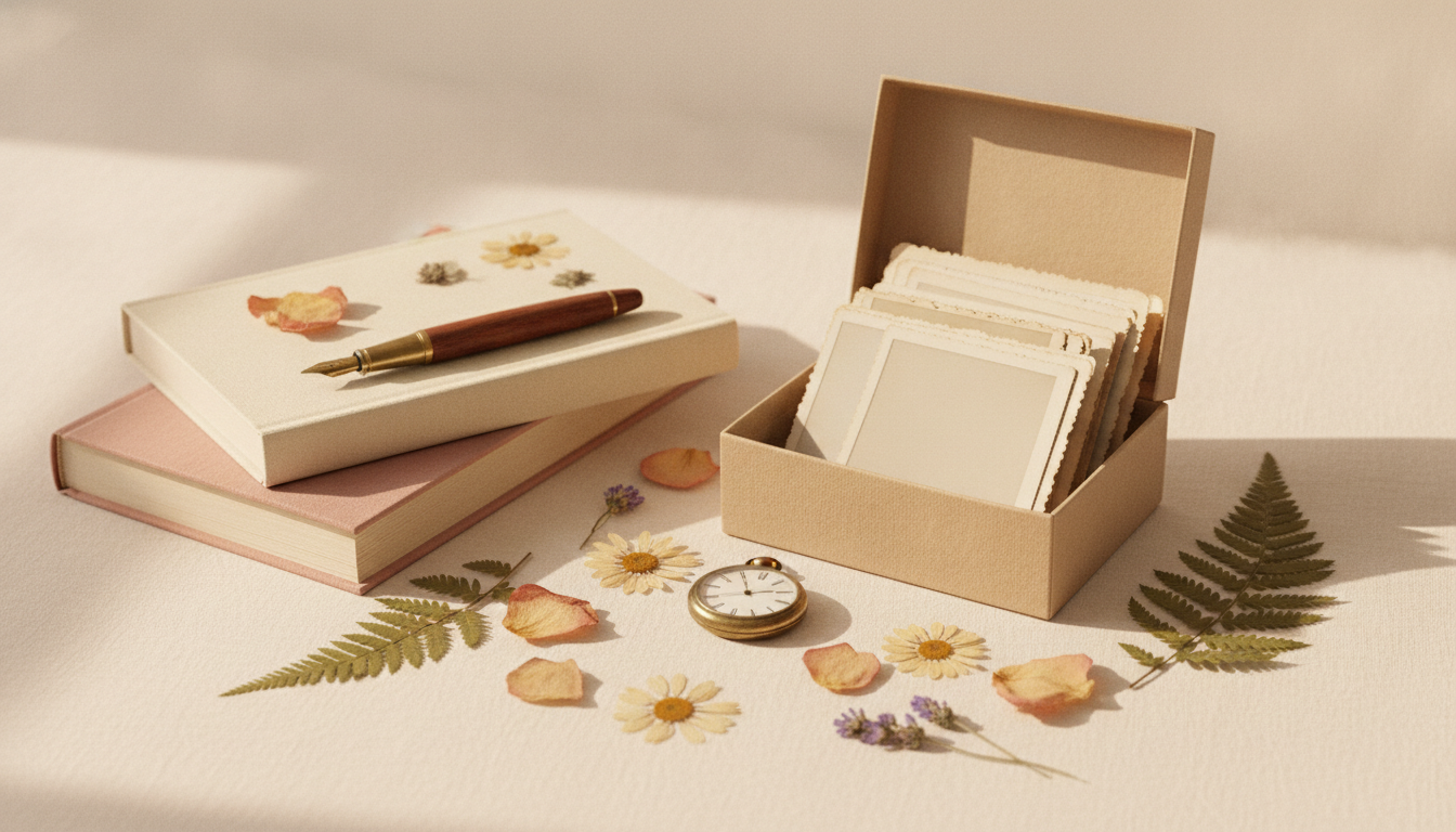 Publishing a memoir — a memory box of old photographs, blank hardcover books, a fountain pen, pressed flowers and a pocket watch