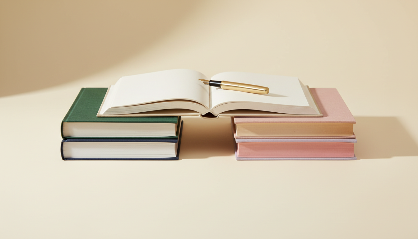 Hybrid publishing companies — two stacks of blank books, one clothbound and one pastel, bridged by a single open book with a brass pen