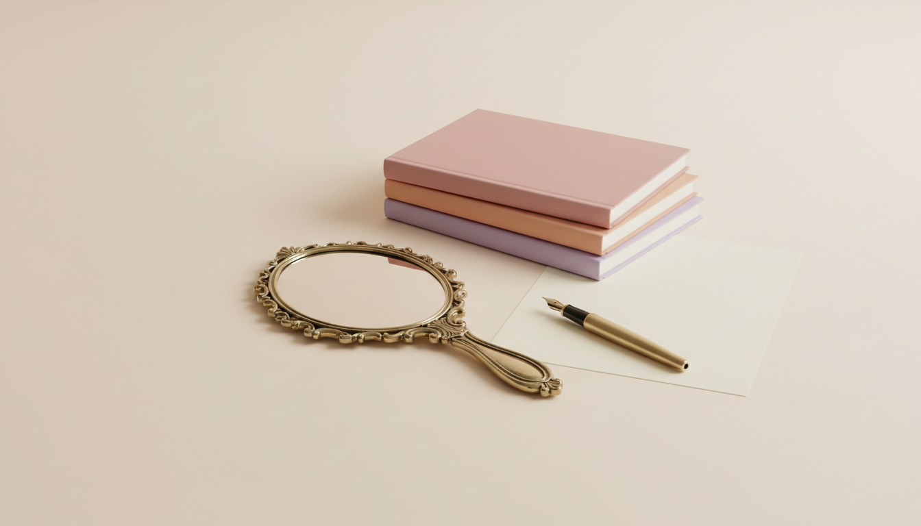Vanity publishing — an ornate hand mirror lying beside a stack of blank pastel books and a fountain pen