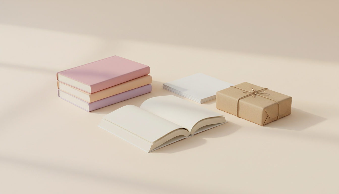 Book printing services — freshly printed blank paperbacks with a wrapped parcel ready to ship