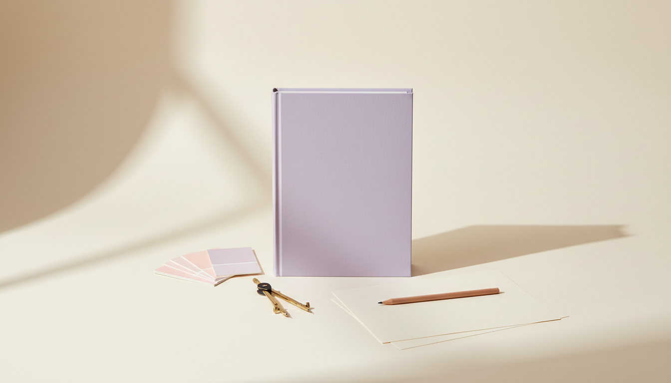 Designing a book cover — a blank hardcover with color swatches and design tools