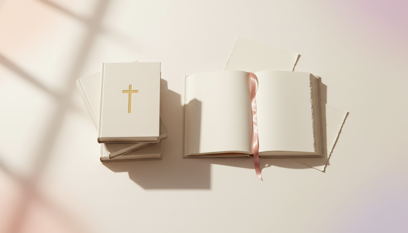 Christian publishing companies — a stack of hardcover books beside an open book with a ribbon bookmark