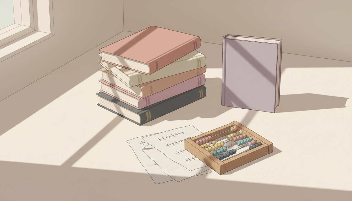 A modest stack of books beside loose pages and a counting frame — how many copies the average author sells