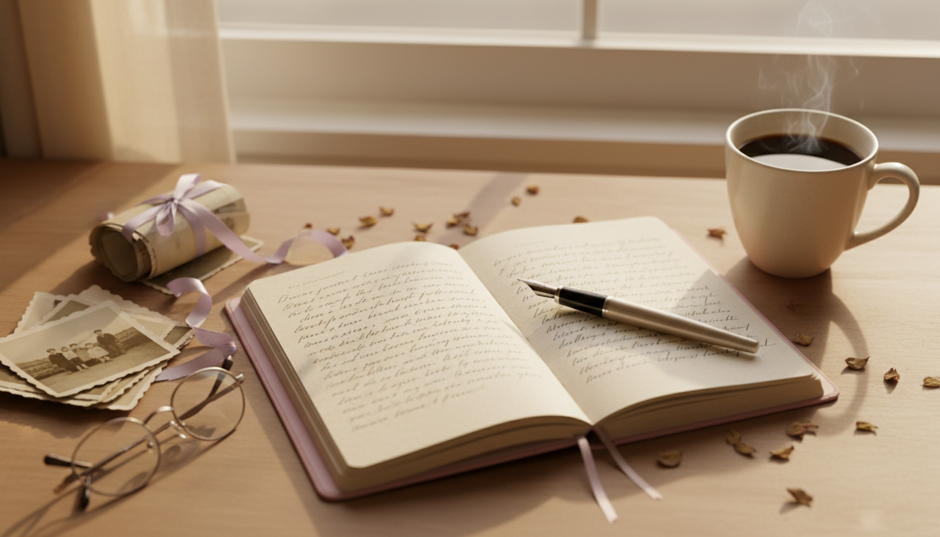 Writing a memoir — a notebook, fountain pen, and old family photographs on a desk