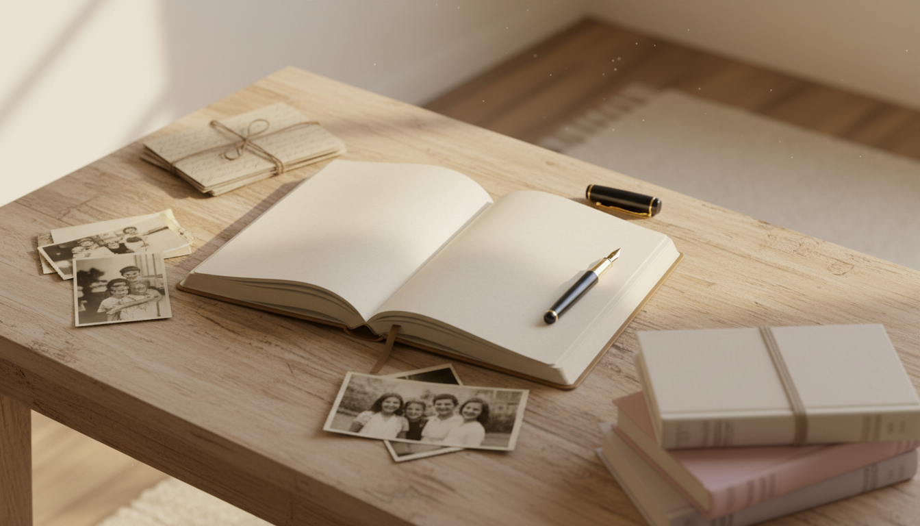 Writing a book about your life — an open journal, fountain pen, and old family photographs on a desk