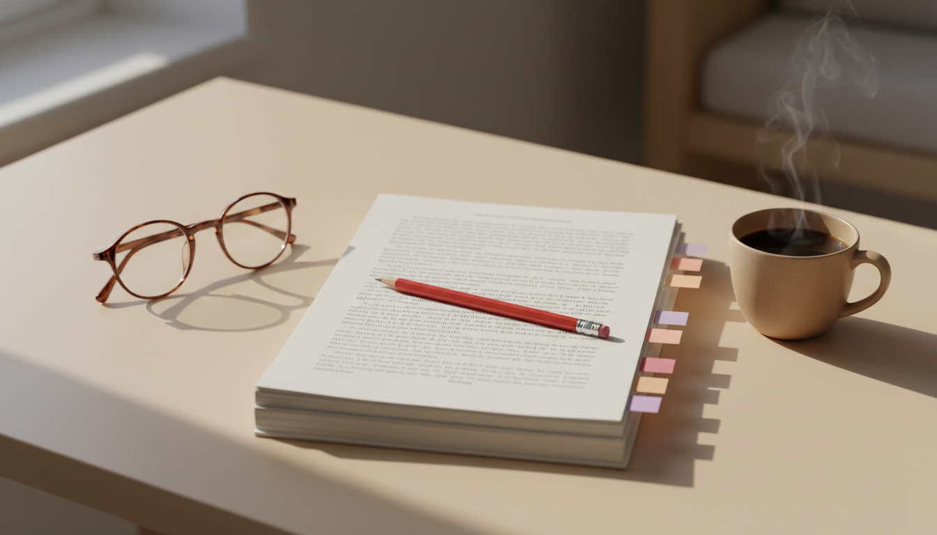 Book editing cost — a manuscript stack with a red editing pencil, reading glasses, and coffee