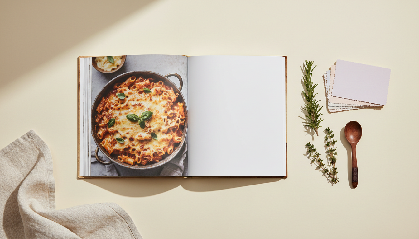 Publishing a cookbook — an open cookbook with a full-page food photo beside recipe cards, herbs, and a wooden spoon