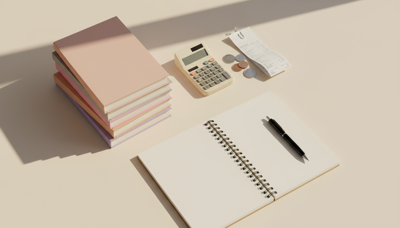 Self-publishing costs — a stack of printed books beside a calculator, receipts, and a notebook