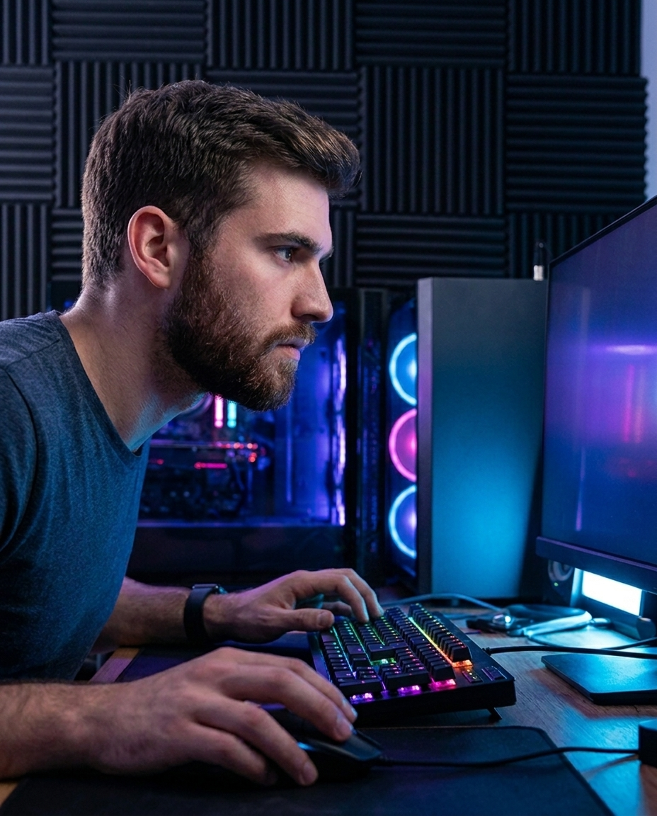 Focused gamer with acoustic foam