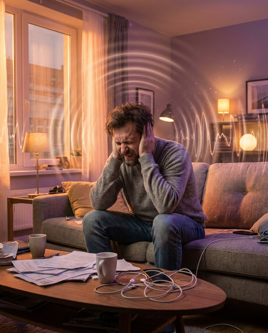 Frustrated man covering ears from neighbour noise