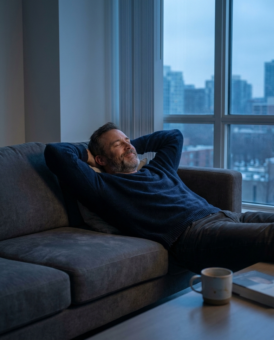 Man relaxed in peaceful quiet apartment