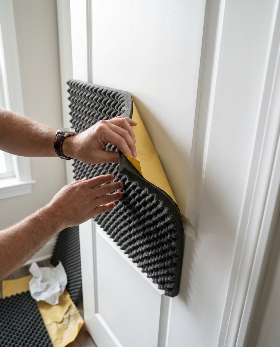 Peeling and sticking acoustic panel onto apartment door