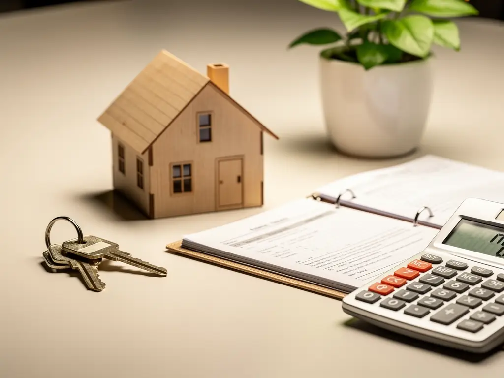 Real estate investor bookkeeping desk with model house and keys