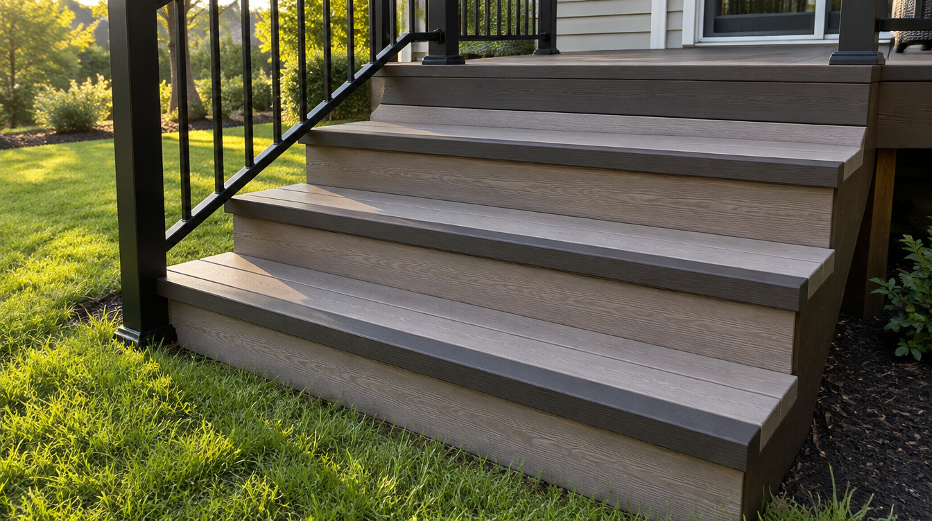 Composite deck stairs with railing