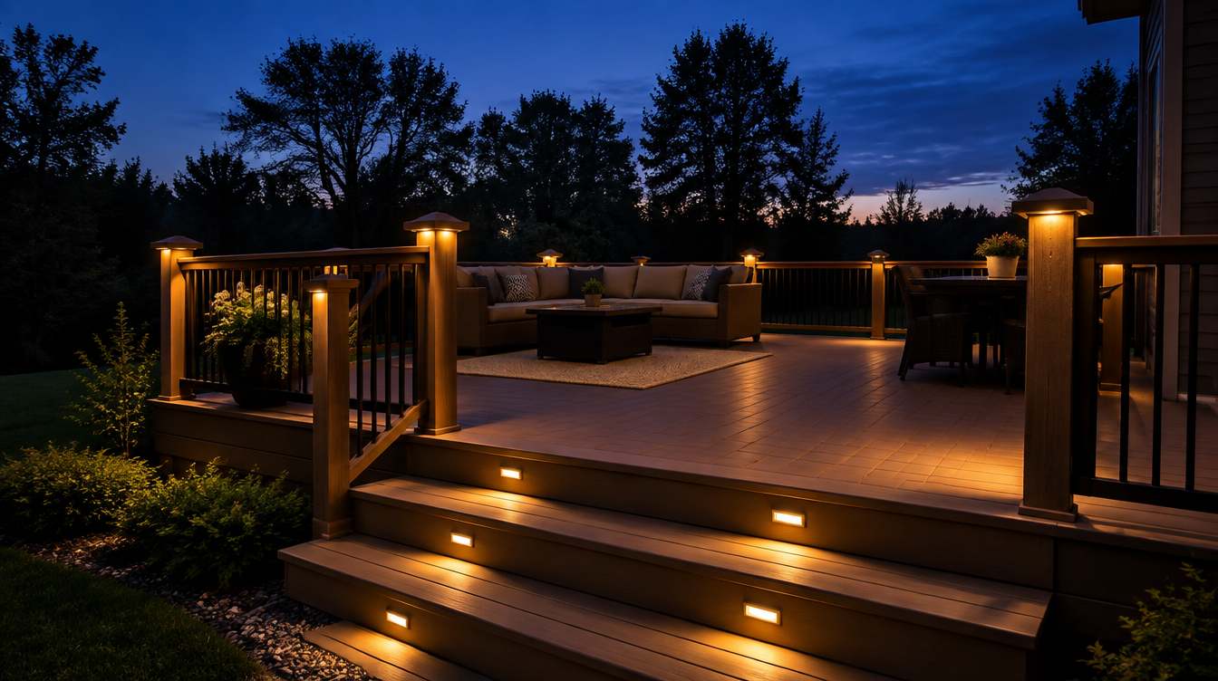 Backyard deck with stair lighting at dusk