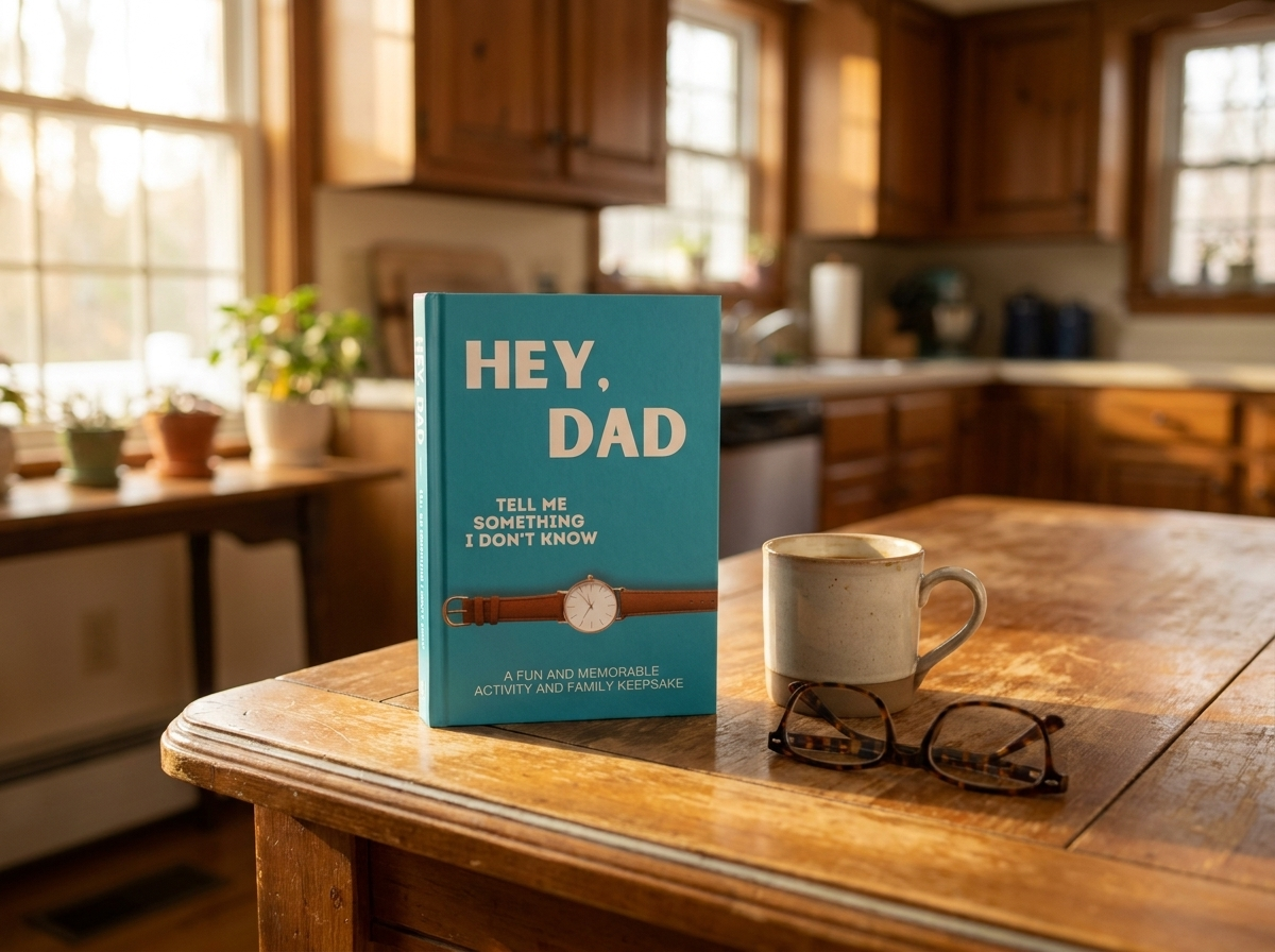 The Hey Dad memory journal on a kitchen table