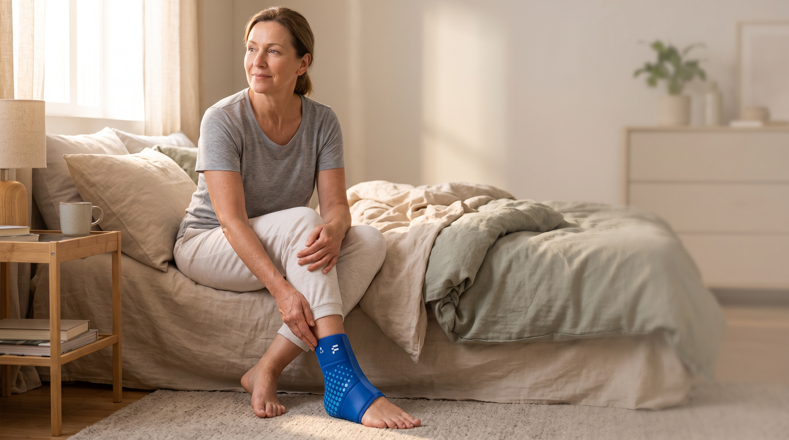 Kneutra reusable hot and cold ankle and foot wrap worn on the foot