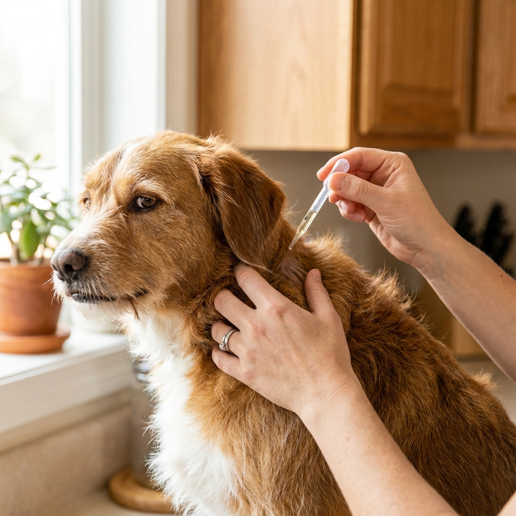 Applying greasy topical drops to a dog