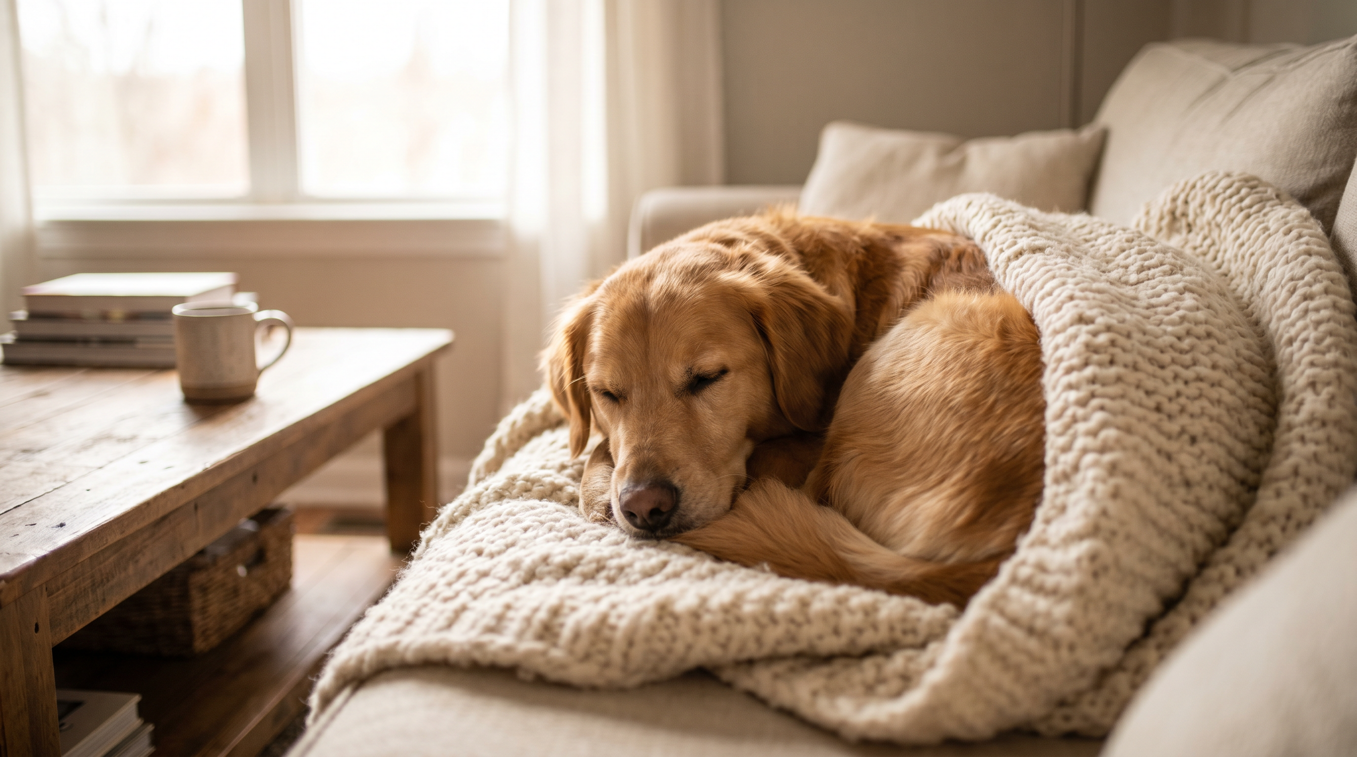 Content dog relaxing cozily at home