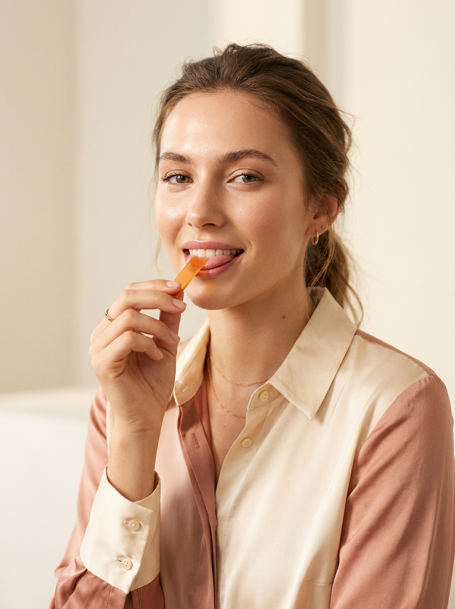 Woman placing an Astelle glutathione strip on her tongue