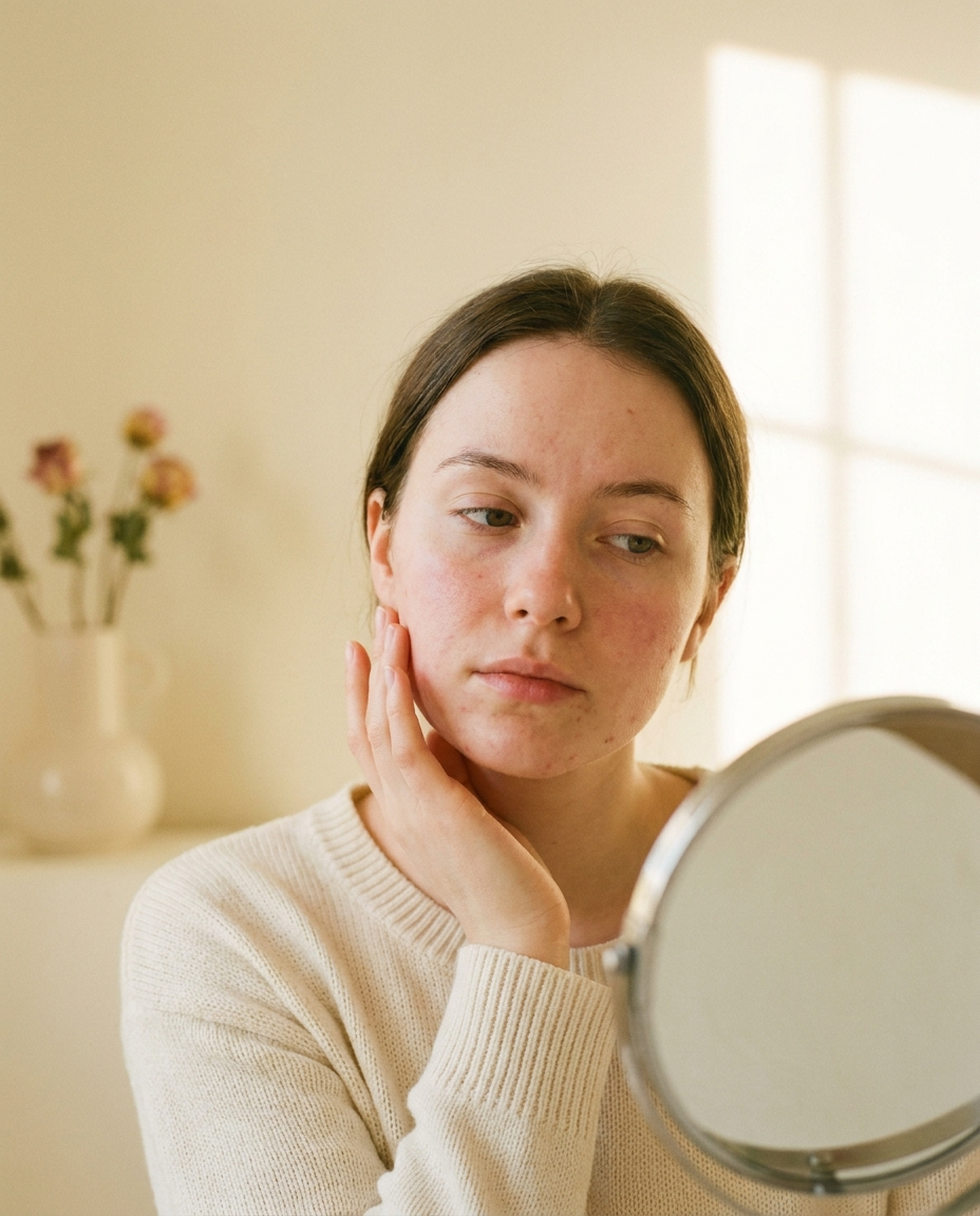 Woman examining her skin in soft light