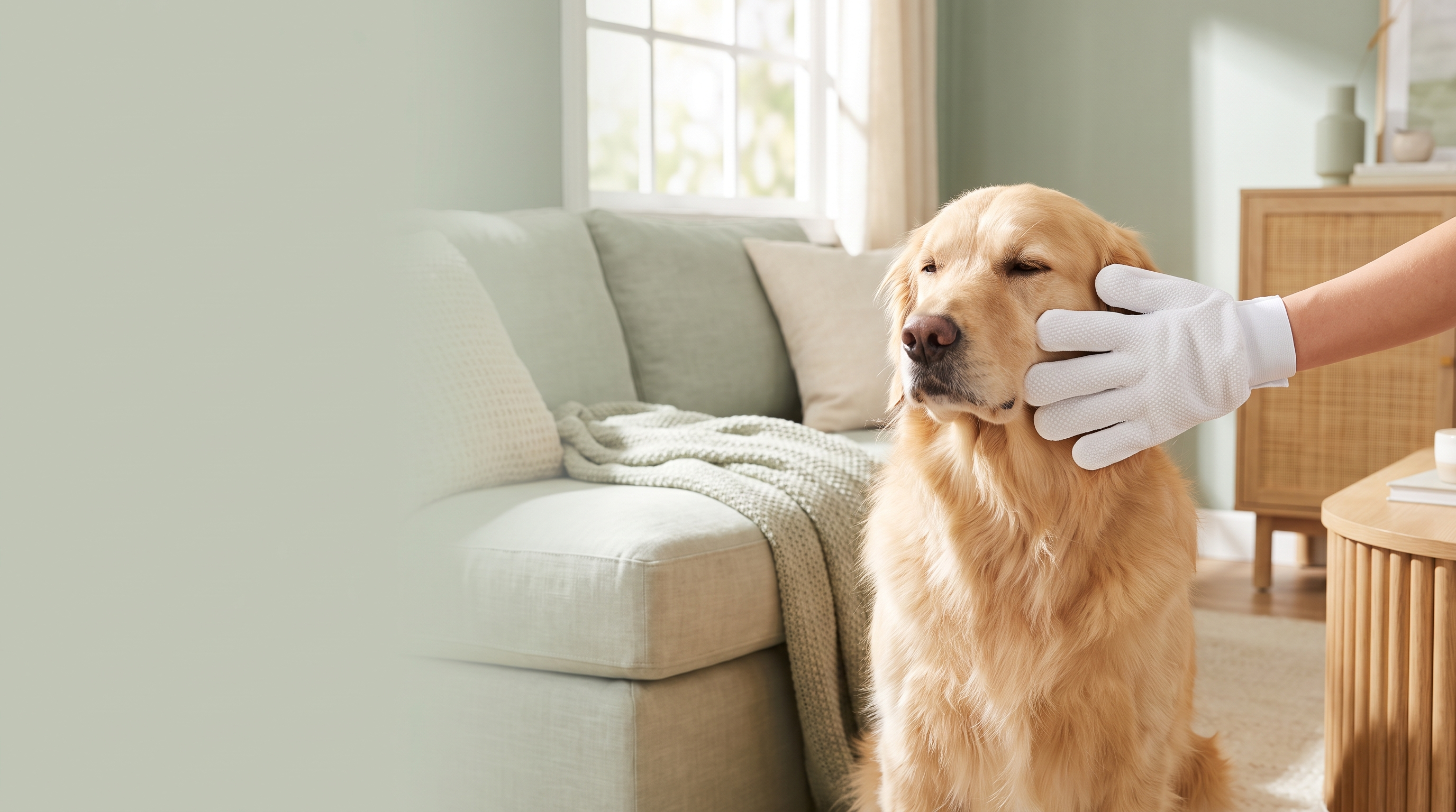 Happy dog being gently wiped clean with a soft grooming glove wipe