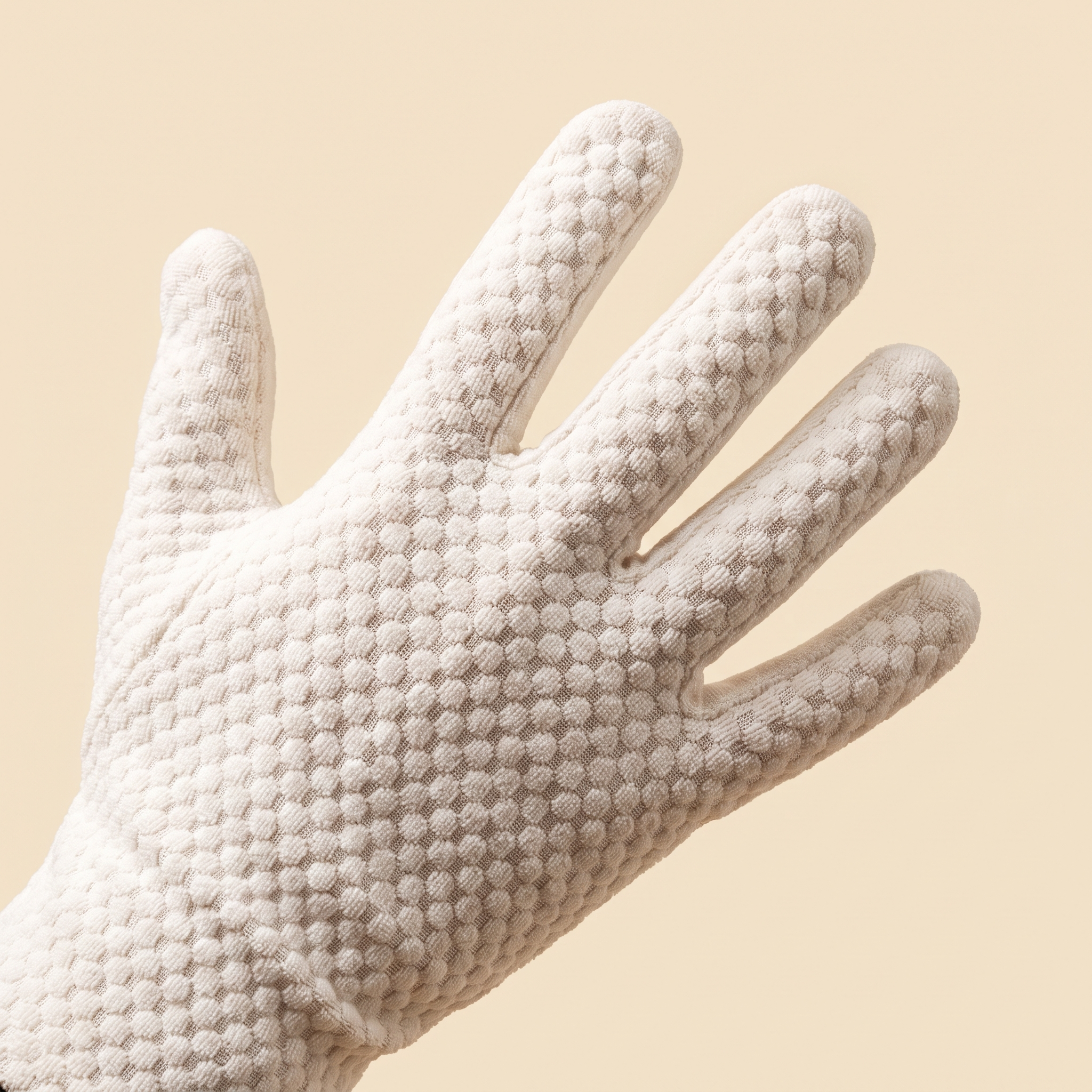 Hand wearing a soft textured grooming glove wipe