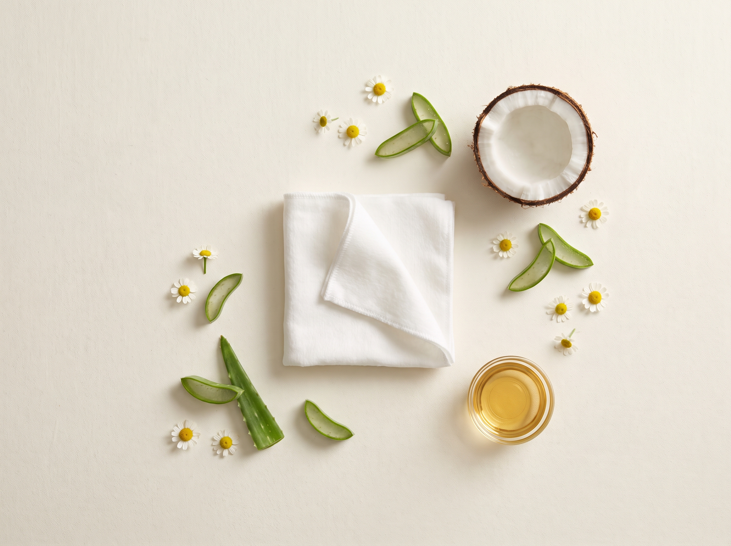Natural ingredients: aloe vera, chamomile and coconut beside a soft wipe