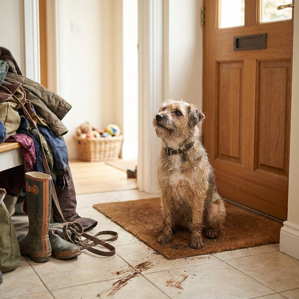 Dog with muddy paws by the front door after a walk