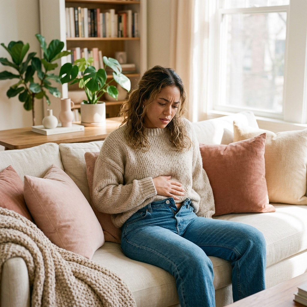 Woman on the couch with an uncomfortable, bloated stomach