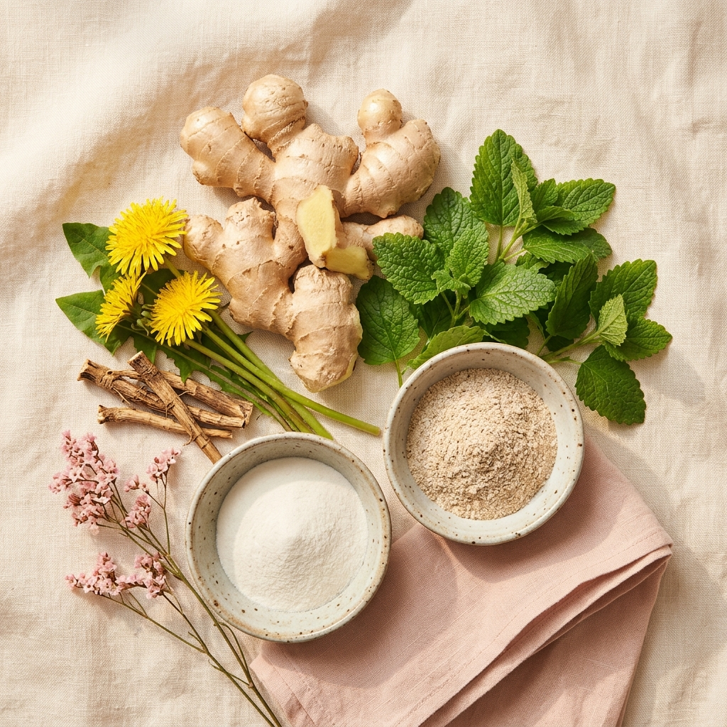 Ginger root, dandelion, lemon balm, postbiotic and prebiotic fiber — the five Bloat Gummies ingredients