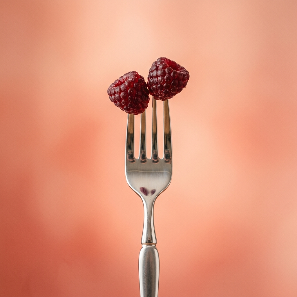 Two Bellavia Bloat Digestive Gummies on a fork — take 2 anytime you feel bloated