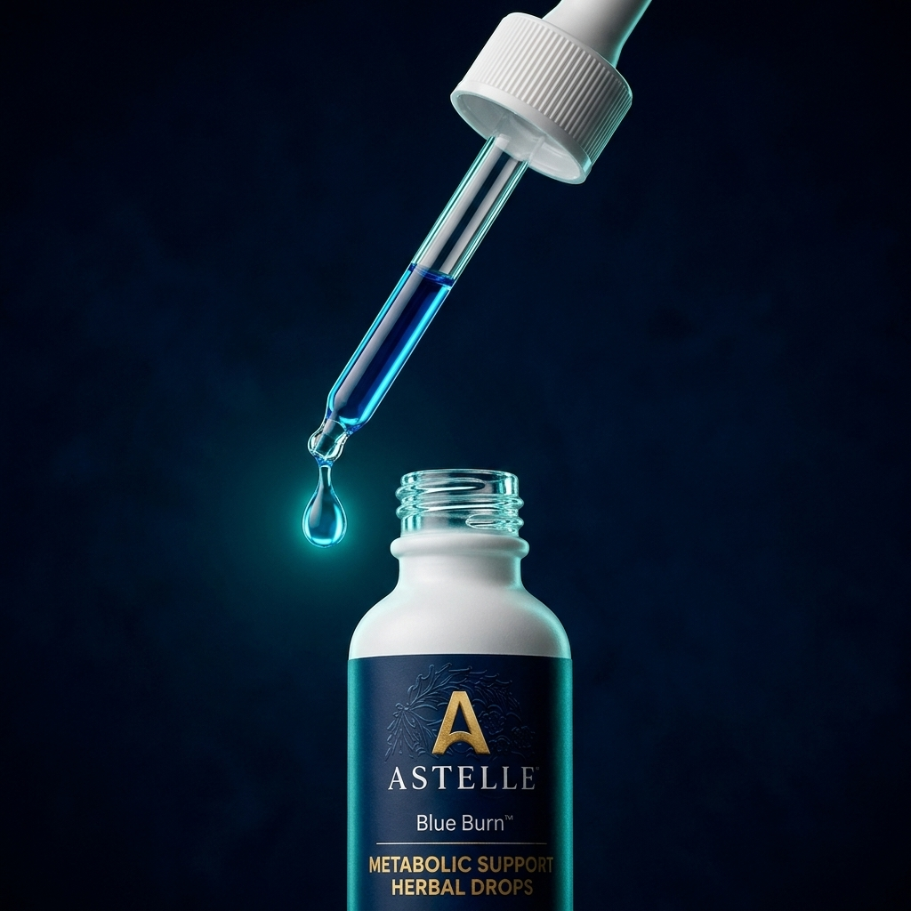 Astelle Blue Burn dropper releasing a glowing blue droplet into the open bottle against a deep navy background