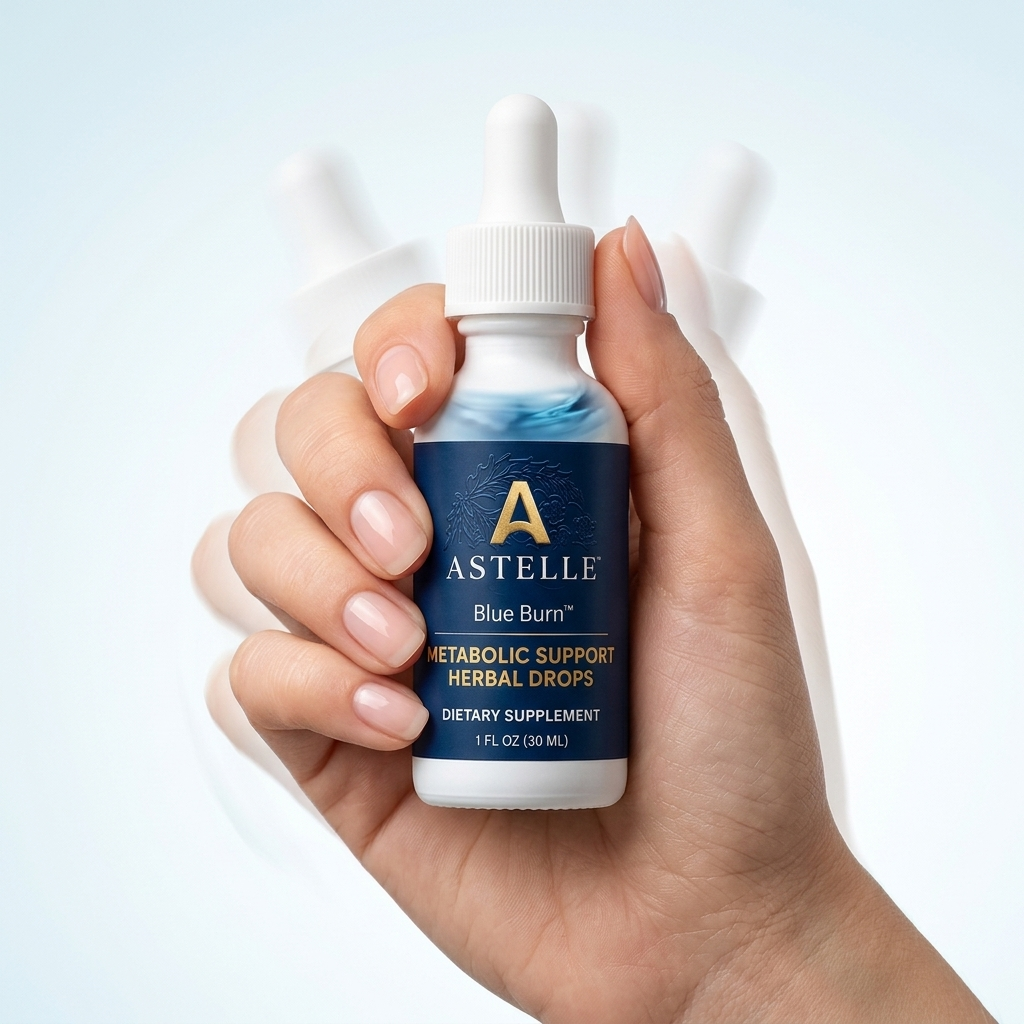 Hand gently shaking the closed Astelle Blue Burn bottle with white cap and navy label