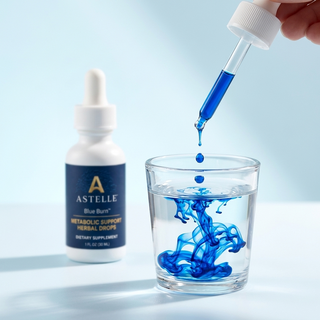 Astelle dropper releasing blue drops into a small glass of water, bottle in the background