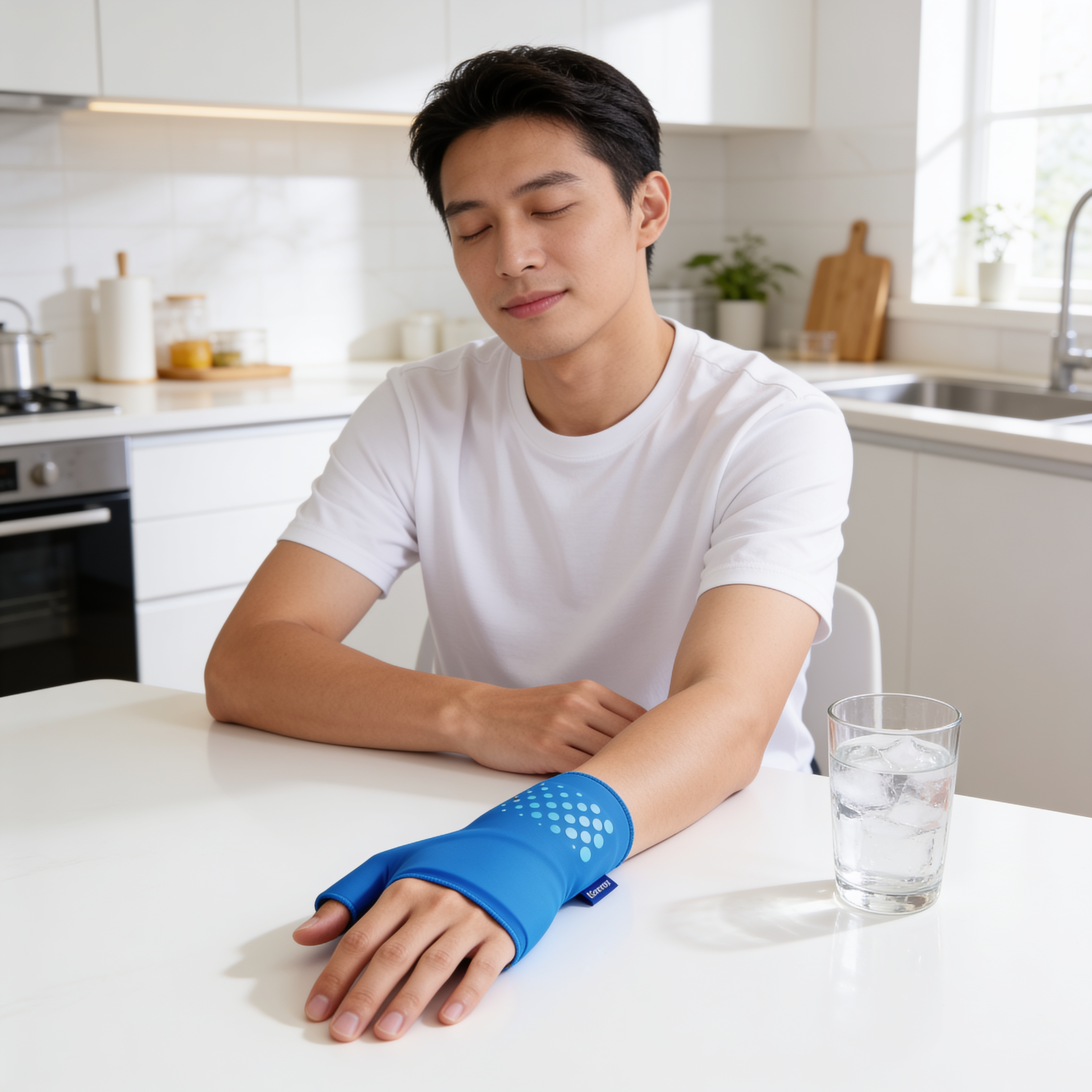 Relaxing at home wearing the Kneutra wrist wrap