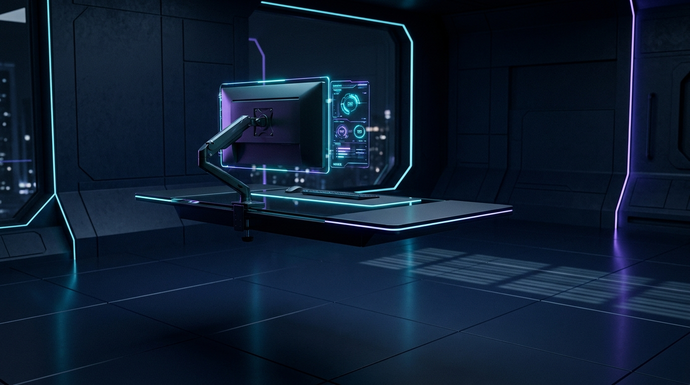 Futuristic compact desk setup with floating monitor arm and ambient cyan lighting