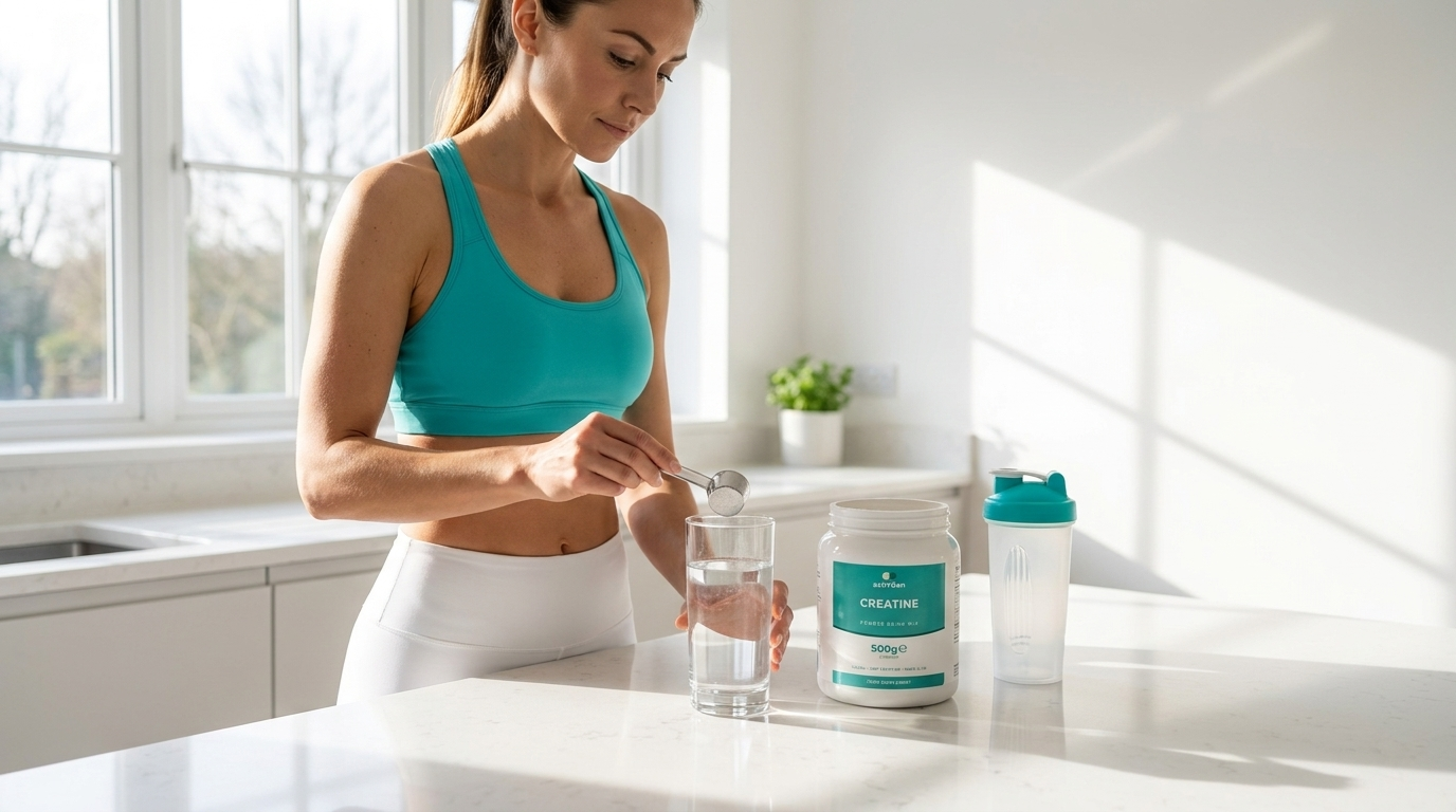 activGen Wellness creatine tub on a kitchen worktop beside a shaker bottle and a glass of water