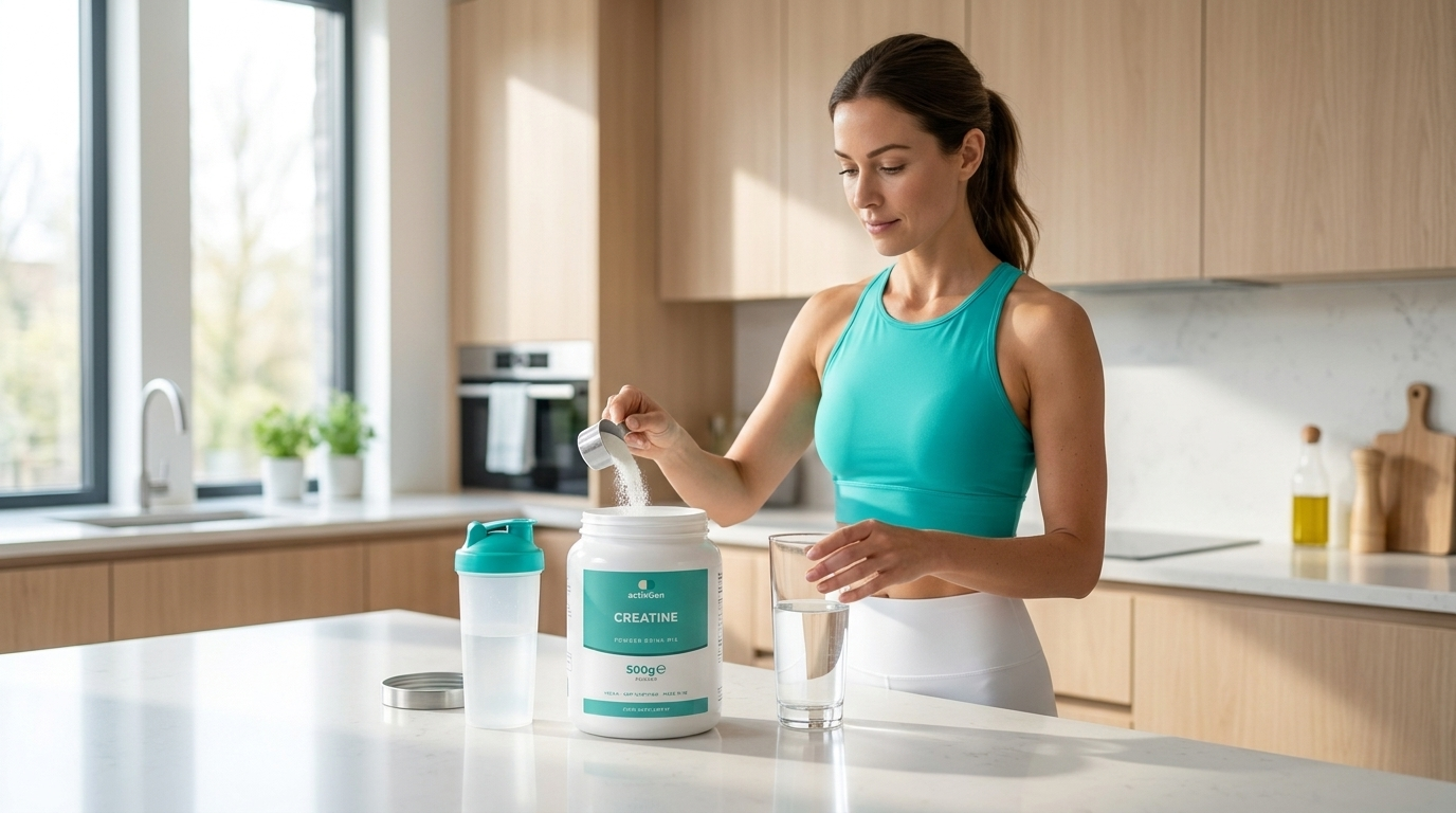 Woman scooping creatine monohydrate powder into a glass of water in a bright kitchen