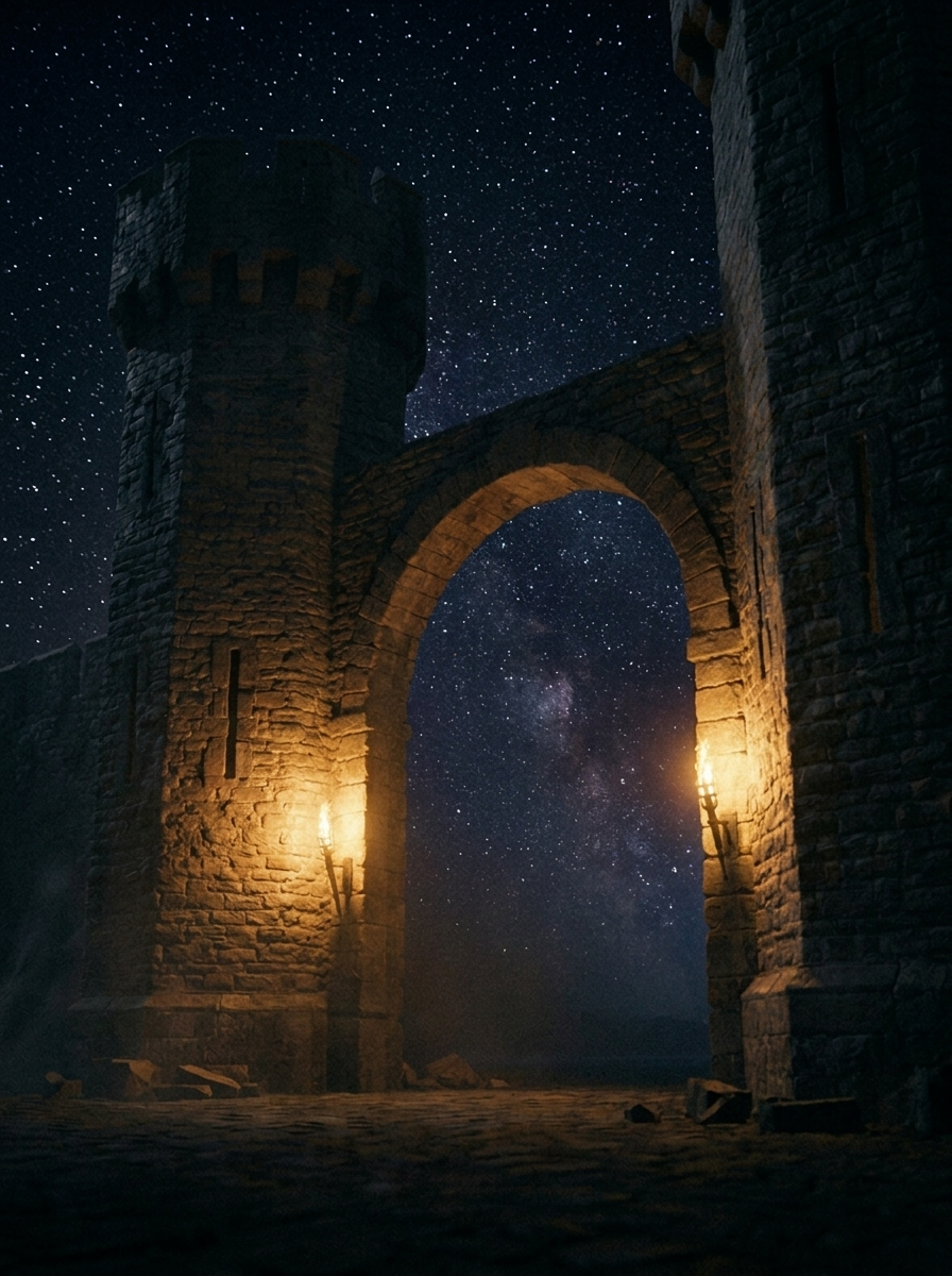 Castle archway open to starry sky — Stage 03 Automate