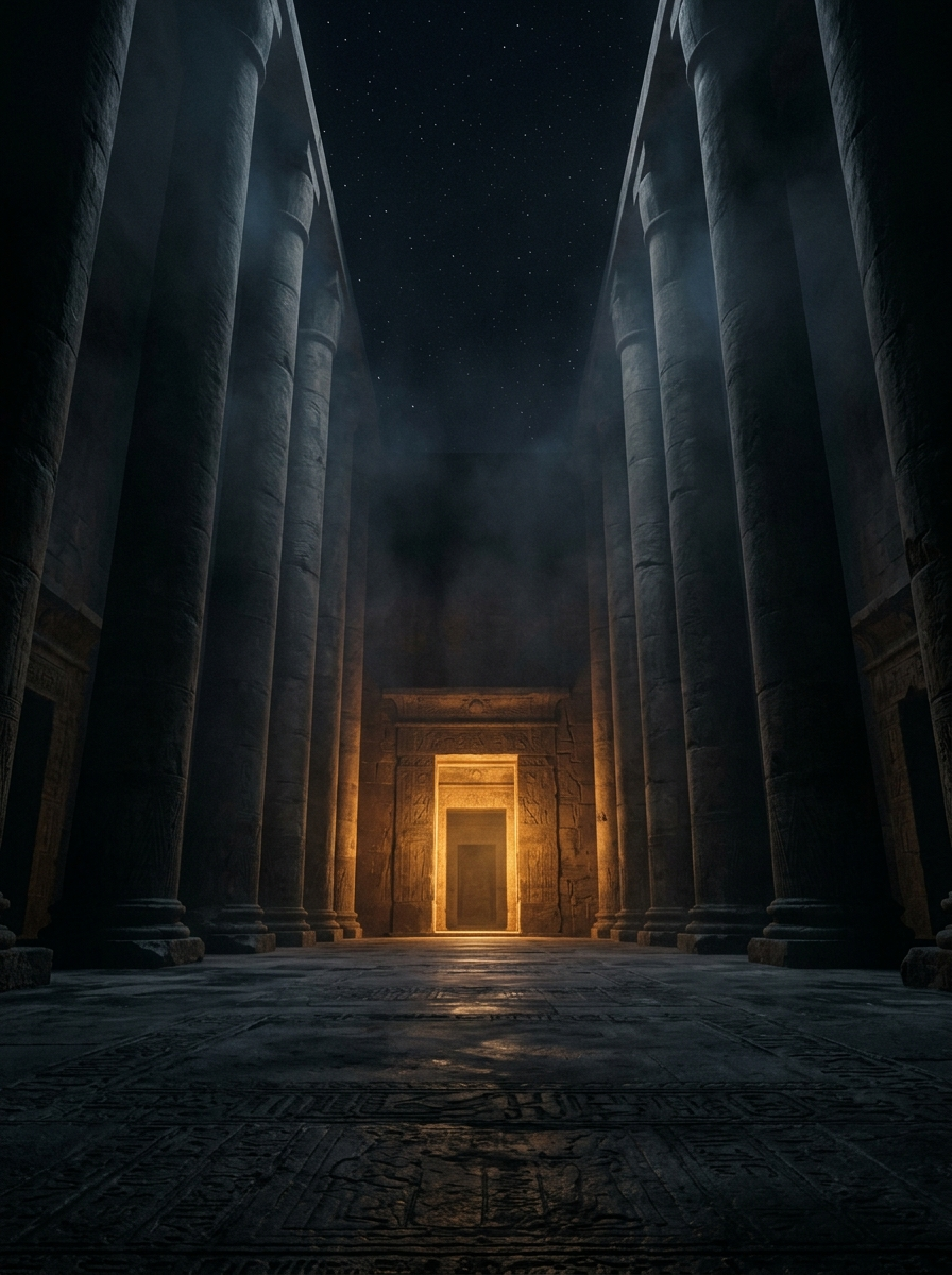 Monumental column corridor vanishing into void — Stage 04 Agentic