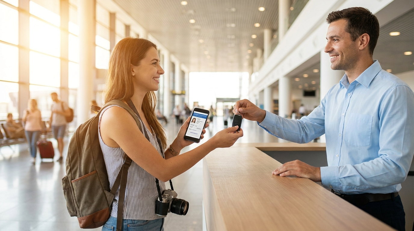 Traveler picking up a rental car abroad while showing a digital International Driving Permit on a smartphone