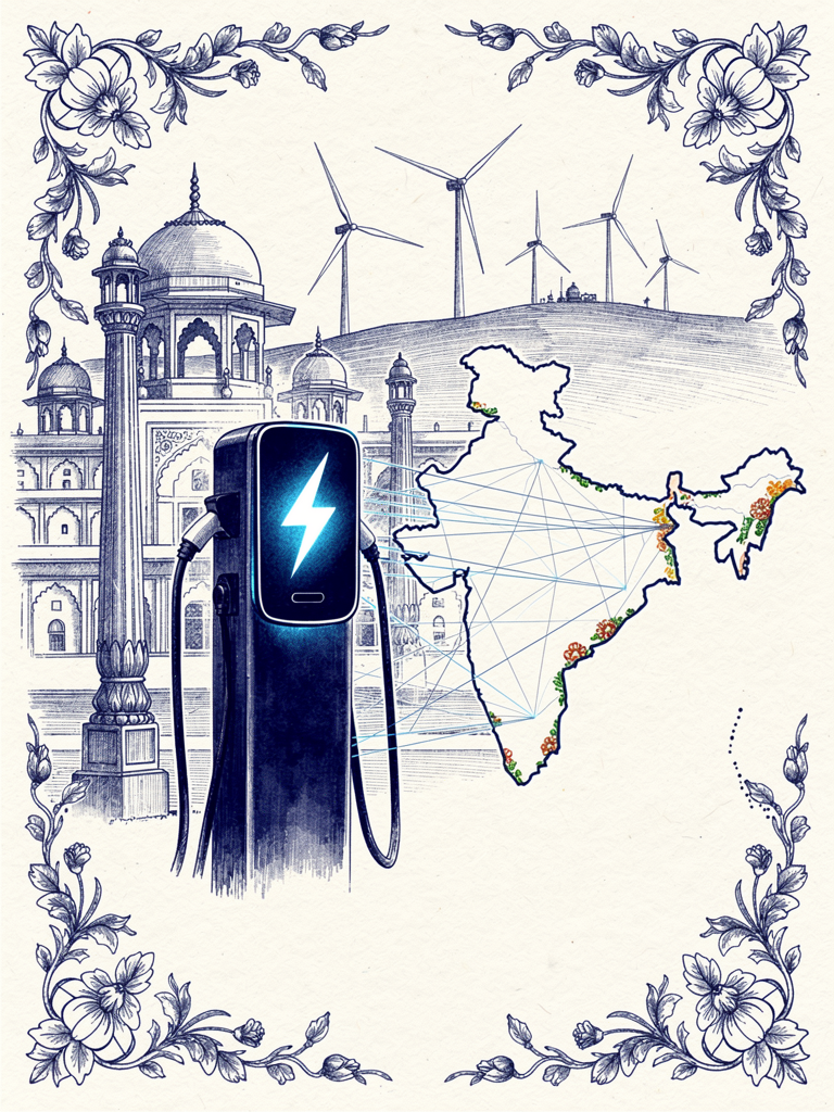 Illustration of India's UBC EV charging network with charging stations and connectivity map