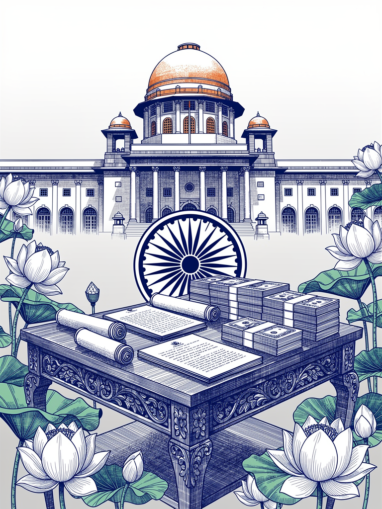 Illustration of Indian government building with official documents and Ashoka Chakra, representing PM E-DRIVE scheme funding announcement