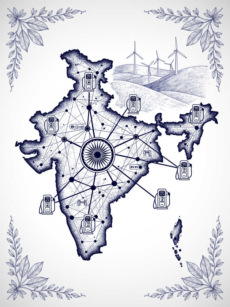 Technical illustration of India's EV charging network architecture showing interconnected charging nodes and protocol connectivity across the country