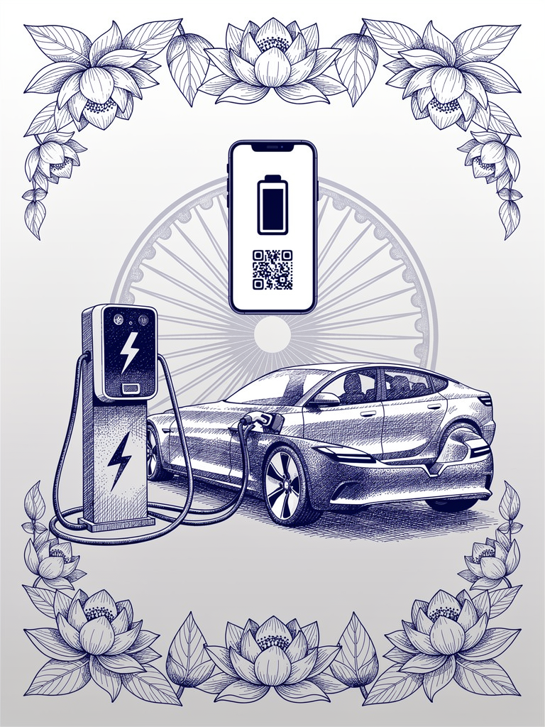Illustration showing seamless EV charging experience with electric vehicle connected to charger and mobile payment interface
