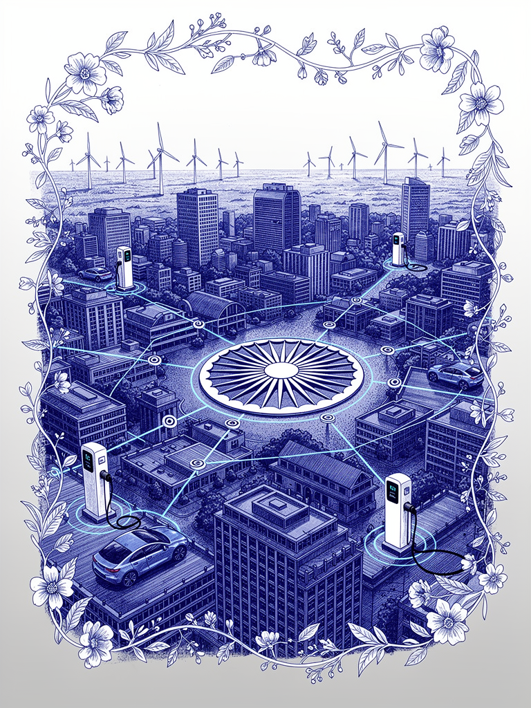 Infrastructure analysis illustration showing India's urban landscape with EV charging network and connectivity nodes representing the scale of infrastructure needed for mass EV adoption