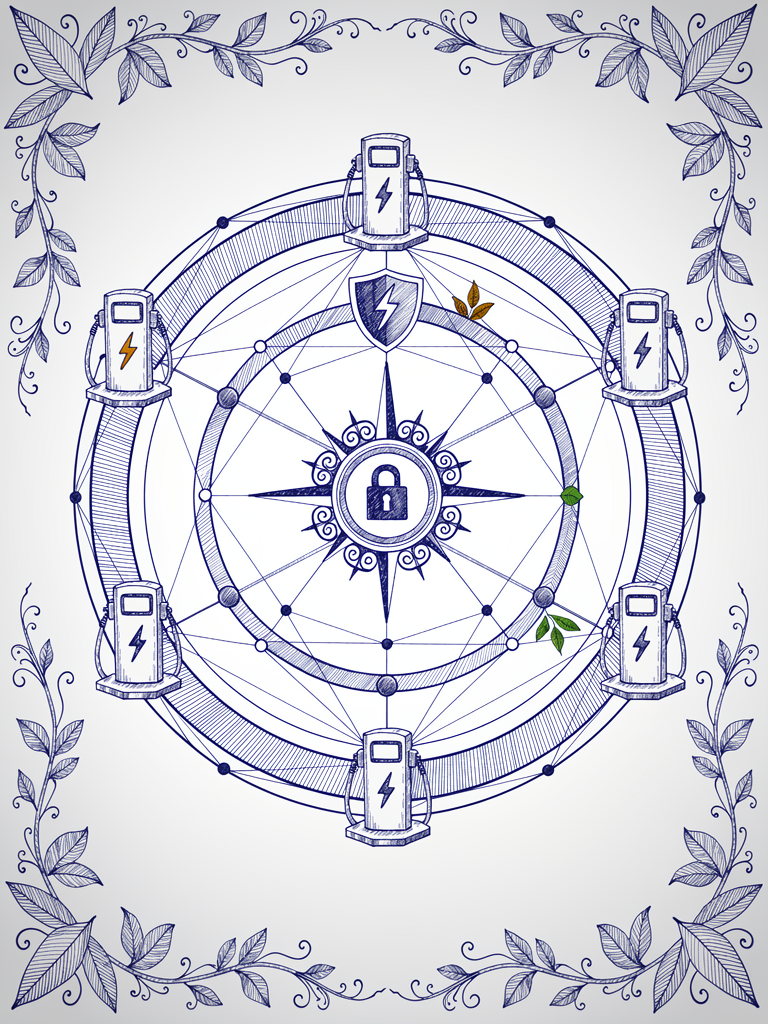 Pen-and-ink illustration of three concentric network rings with EV charging nodes and a central compass rose, representing the layered OCPP, OCPI, and UBC charging protocol stack