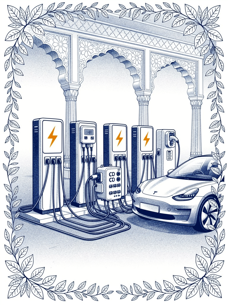 Detailed illustration of India's UBC charging network showing integrated charging stations with network connectivity and traditional architectural elements